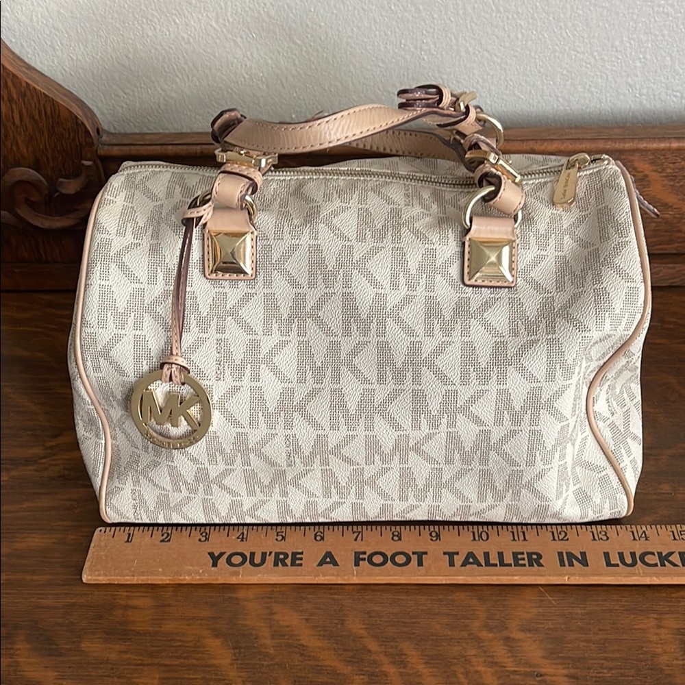 Michael Kors Cream Structured Satchel with Monogram Pattern